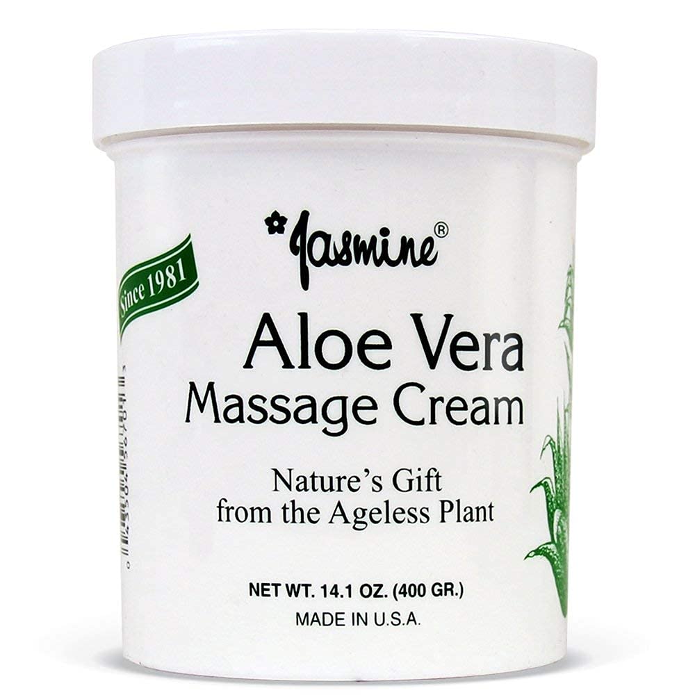 Jasmine Aloe Vera Massage Cream bottle close-up highlighting nourishing skincare benefits.