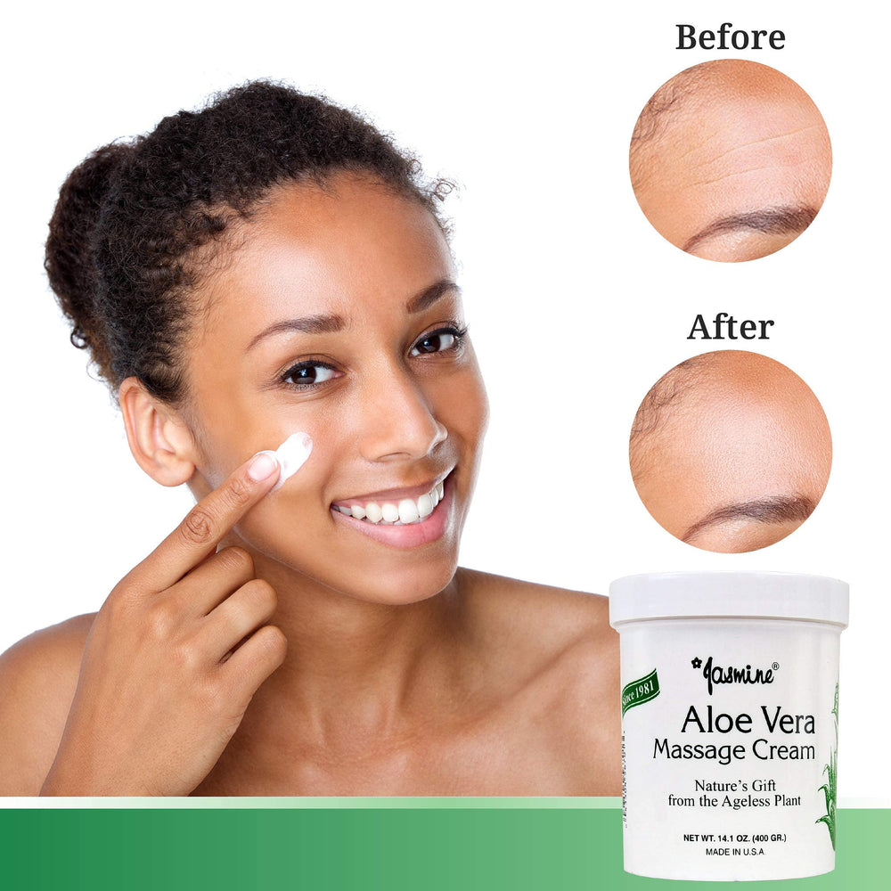 Jasmine Aloe Vera Massage Cream applied to shoulders suggesting relaxed muscles.
