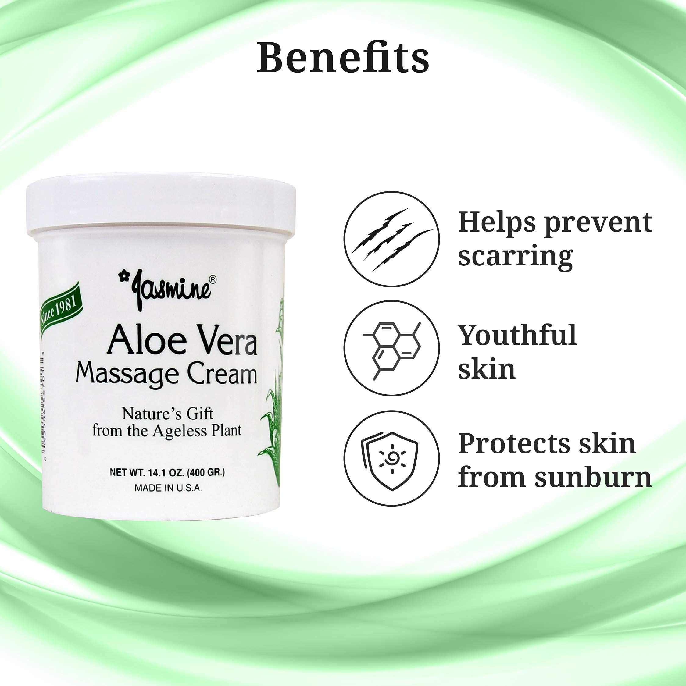 Jasmine Aloe Vera Massage Cream USA-made label signals quality.