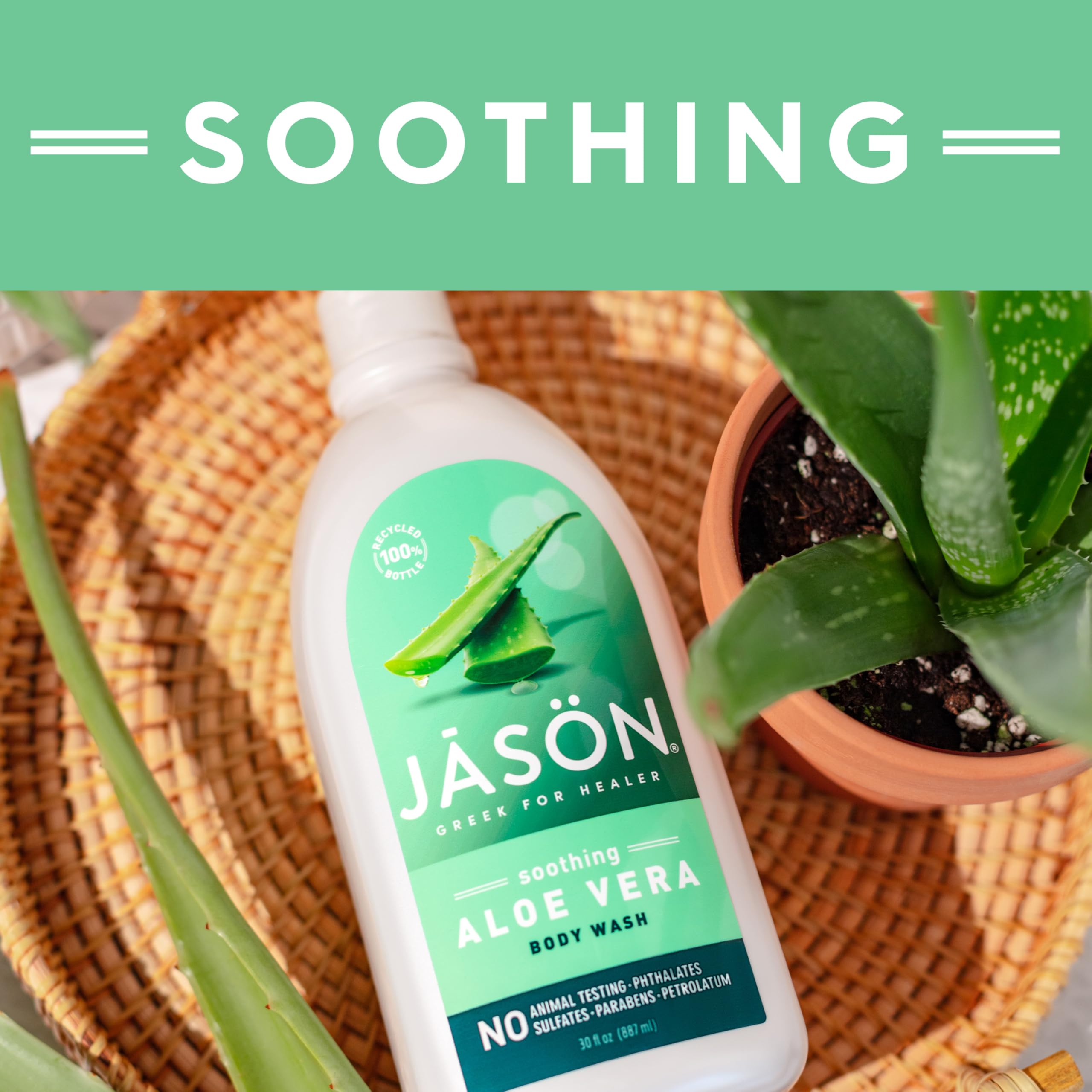 JASON Aloe Vera Soothing Body Wash daily-use setup demonstrates quick, gentle cleansing
