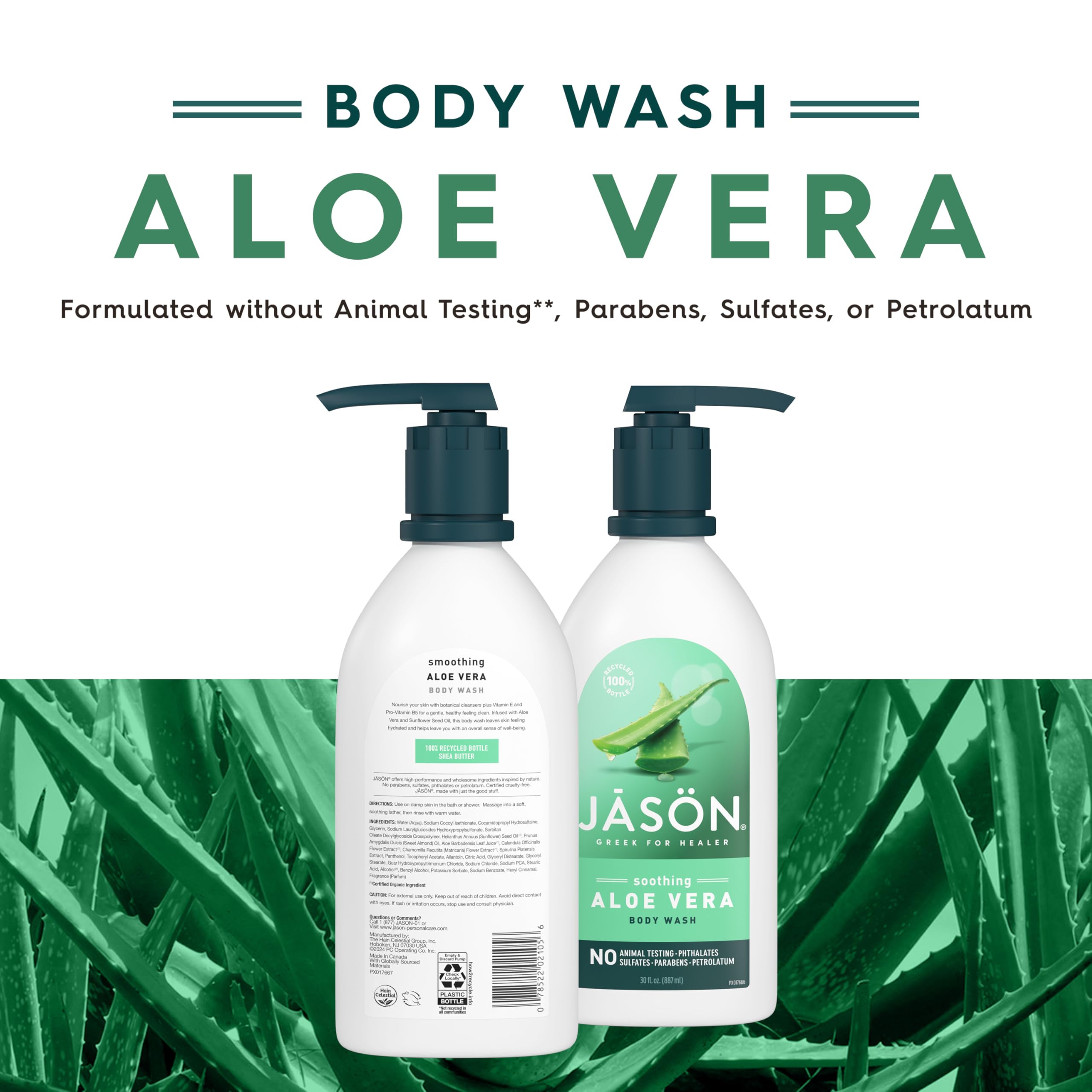 JASON Aloe Vera Soothing Body Wash pour image highlights smooth texture and easy rinse