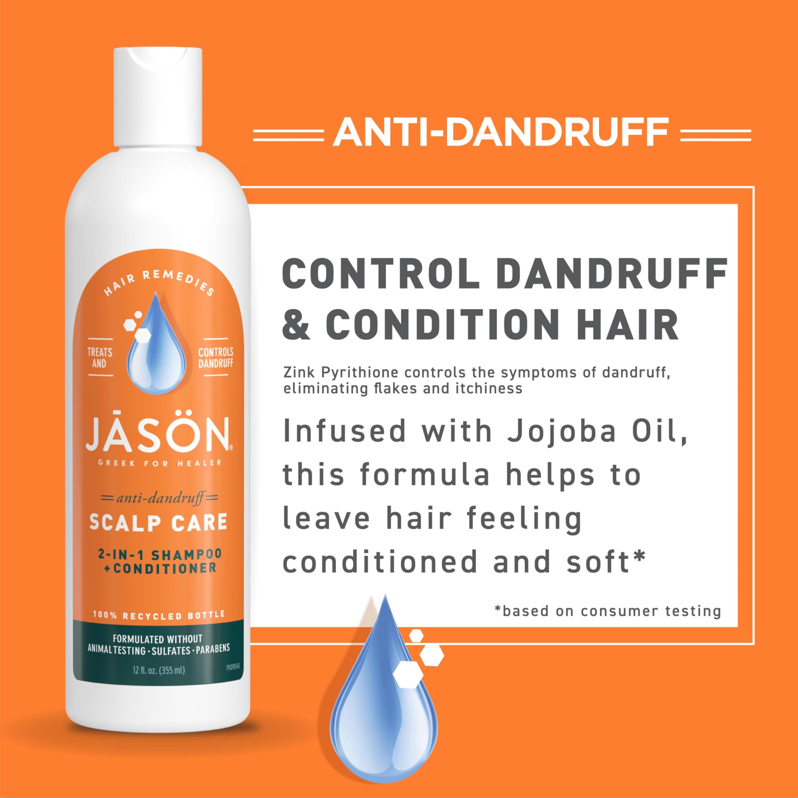 Jason Dandruff Relief jojoba-oil-boost emphasizes natural moisture for hair softness.