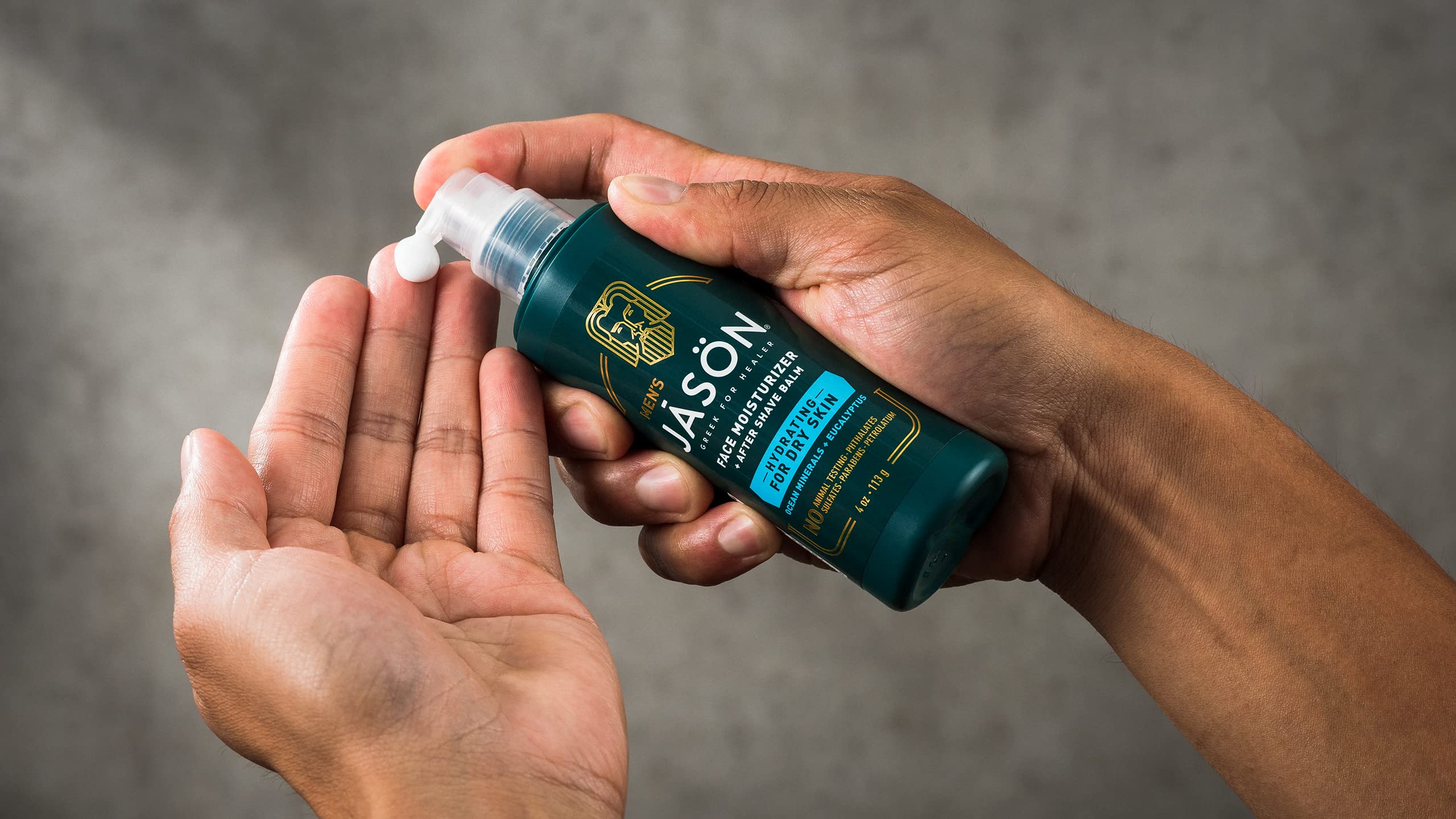 Jason Men's Hydrating Lotion & Aftershave Balm eucalyptus note visible on packaging.