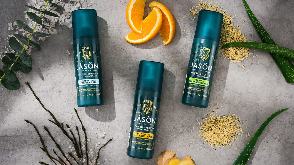 Jason Men's Hydrating Lotion & Aftershave Balm pump mechanism in focus.