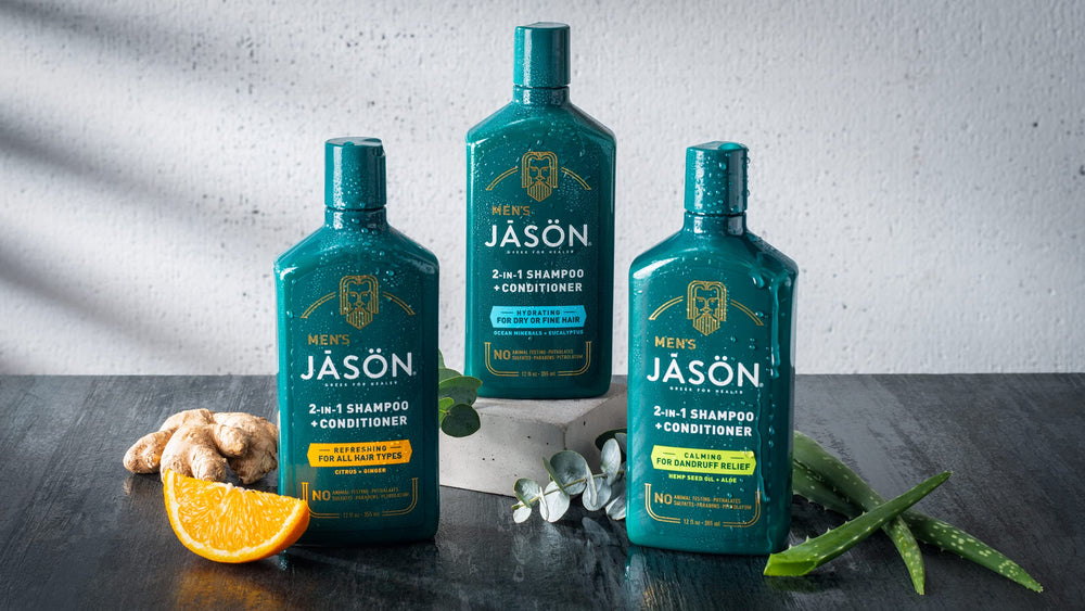 Minimal packaging around Jason Men's Hydrating 2-in-1 emphasizing clean design