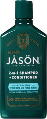 Label close-up of Jason Men's Hydrating 2-in-1 highlighting plant-based formula