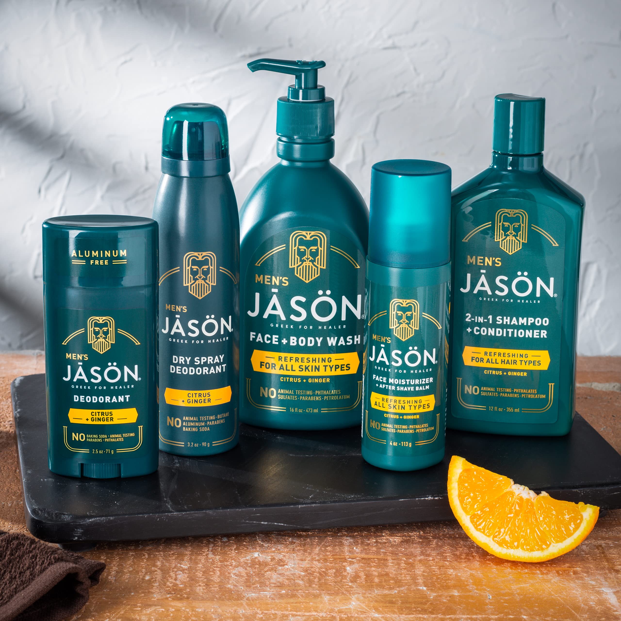 Jason Men's Refreshing Deodorant Stick citrus-ginger scent visual for fresh feel.