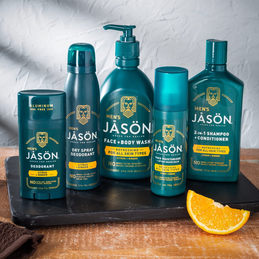 Jason Men's Refreshing Deodorant Stick citrus-ginger scent visual for fresh feel.