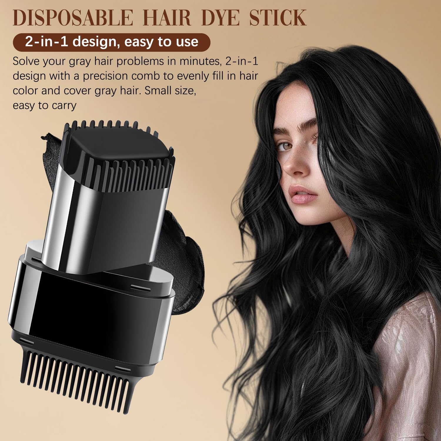 Close-up of Javpav 2-in-1 stick applying color to gray hair
