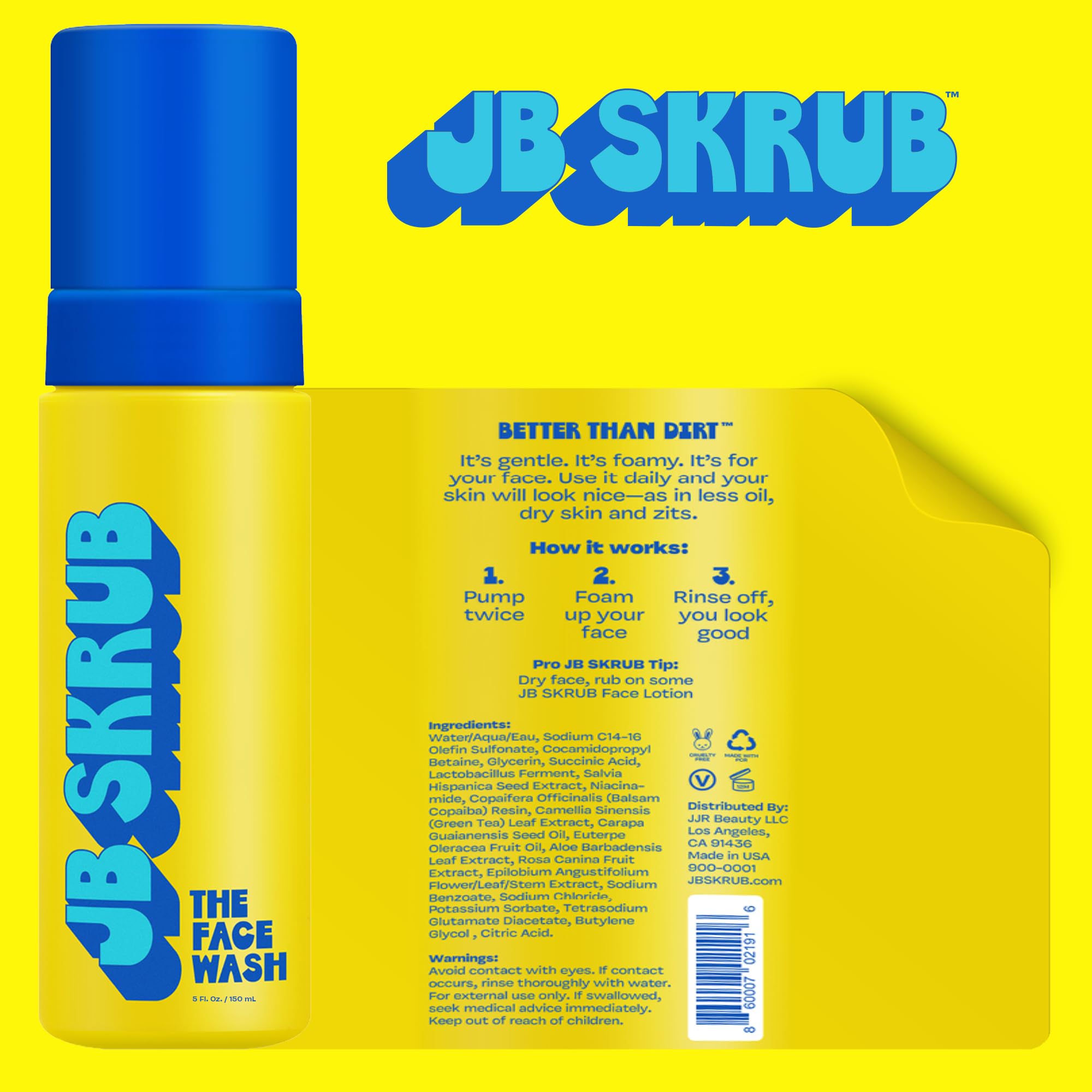 JB SKRUB The Face Wash bottle closeup shows fragrance-free formula for kids