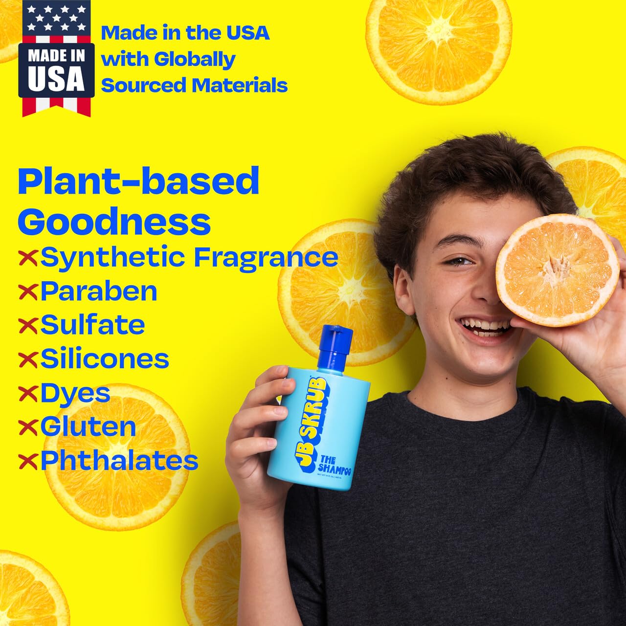 JB SKRUB Kids Shampoo citrus burst fragrance offers refreshing scent during wash.