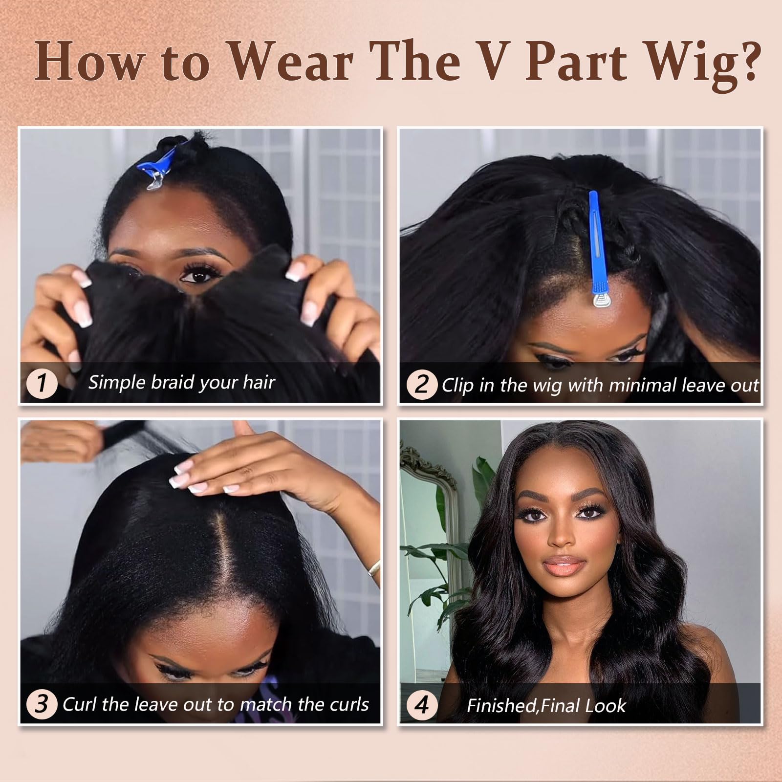 jcoolo V Part Wig clip-in system for secure styling with clips.