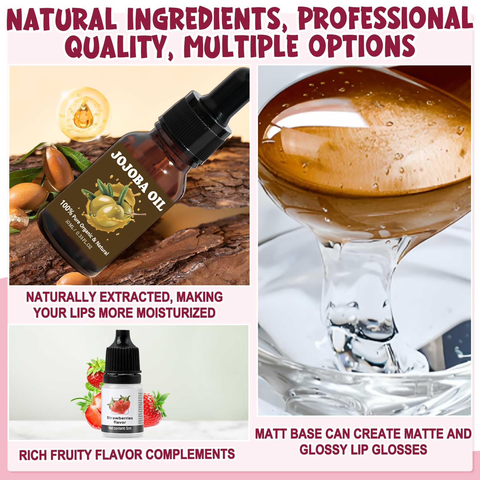 JCOOS jojoba oil bottle enhances moisture and lip-conditioning results.