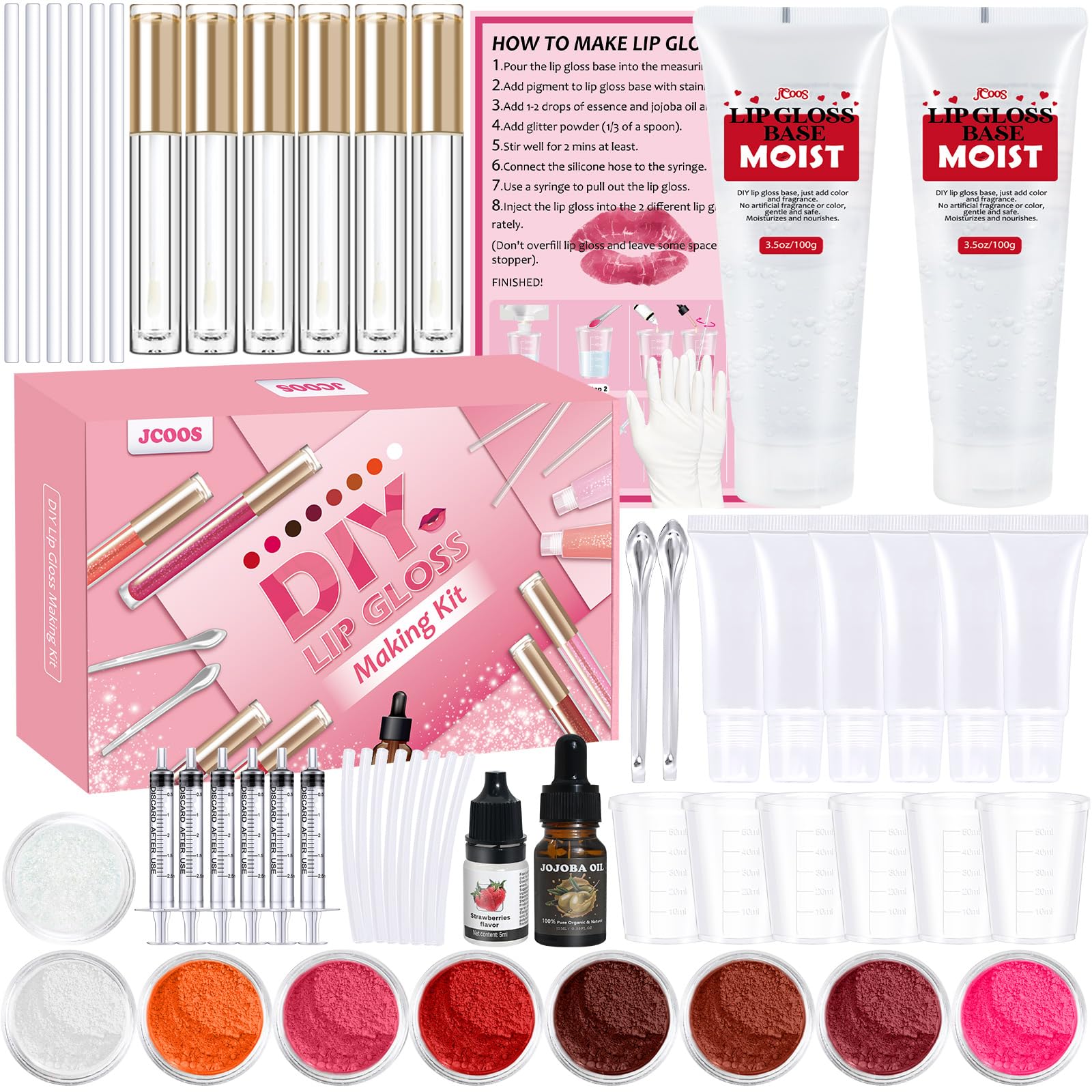JCOOS lip gloss kit empty tubes ready for personalized shades and shimmer.