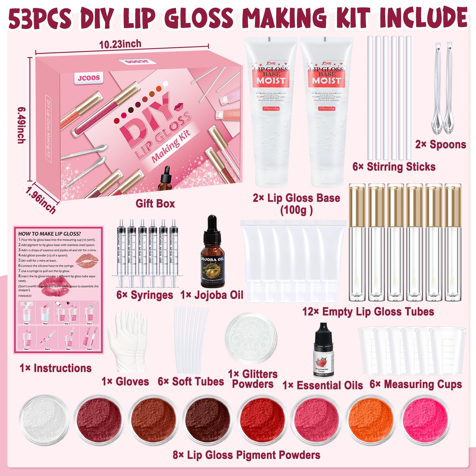 JCOOS lip gloss pigments in eight colors for custom blends and vibrant finishes.
