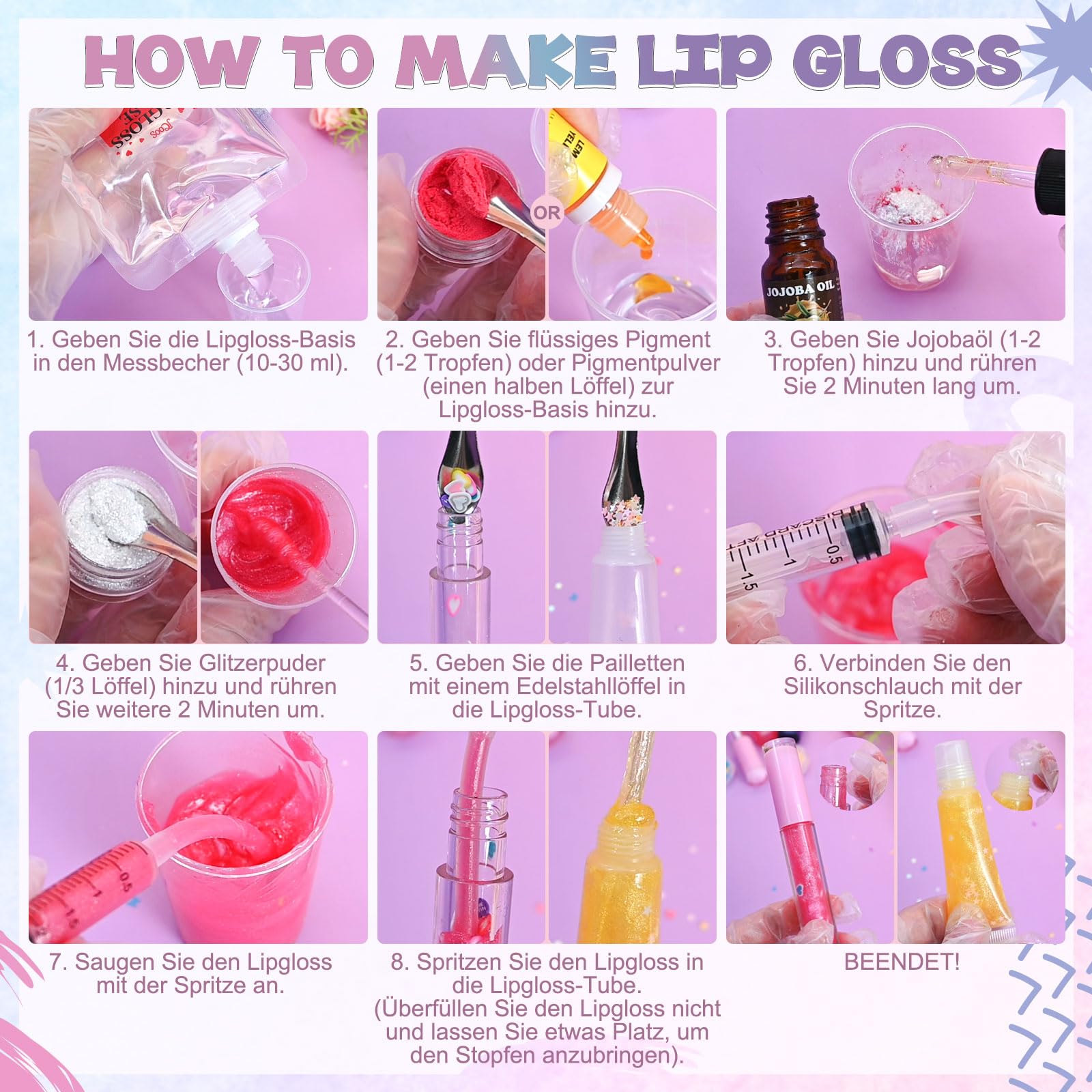 JCOOS Glitter and sequins add sparkle to your gloss.