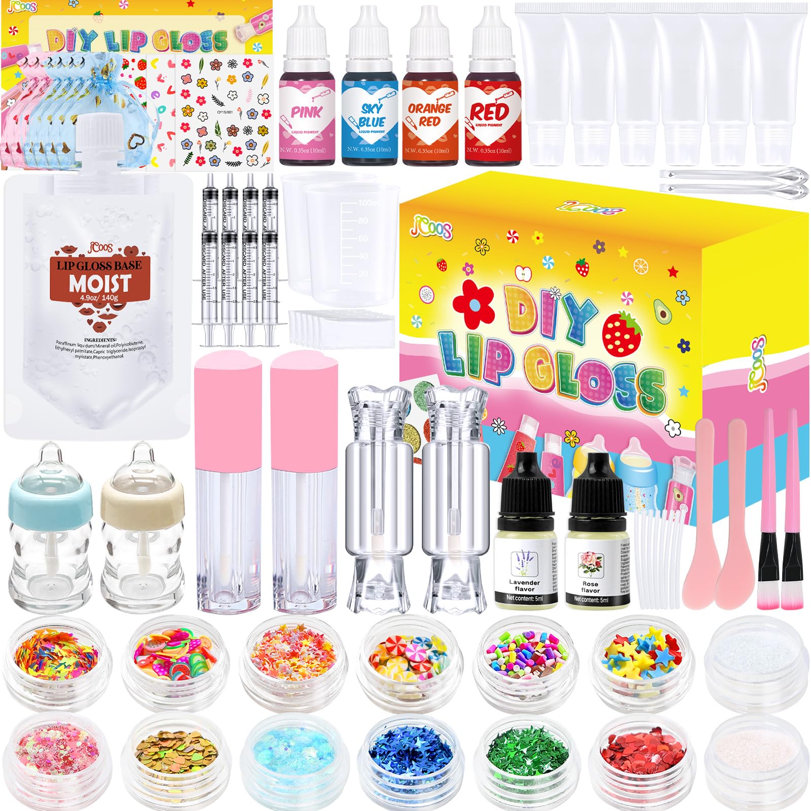 Jcoos lip gloss making kit packaging showcases a ready-to-create experience for budding beauty enthusiasts.
