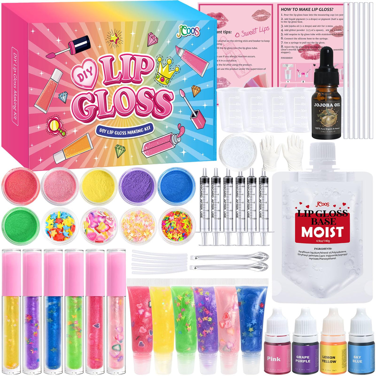 JCOOS Lip Gloss Making Kit parts organized for easy DIY setup.