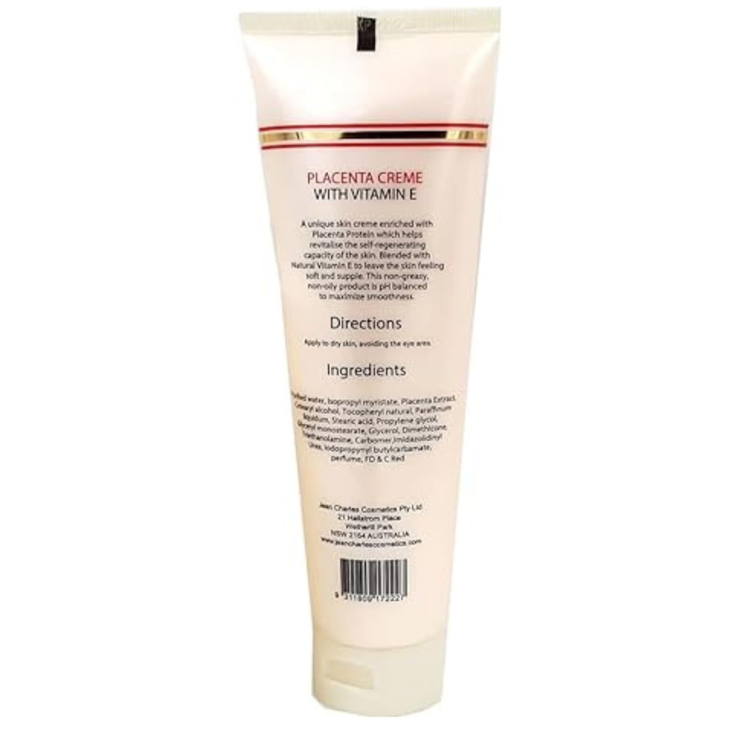 Jean Charles Placenta Cream label close-up emphasizing Vitamin E for gentle skin nourishment.