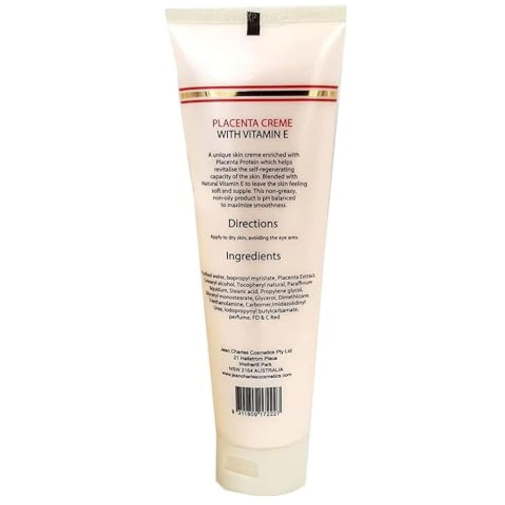 Jean Charles Placenta Cream label close-up emphasizing Vitamin E for gentle skin nourishment.
