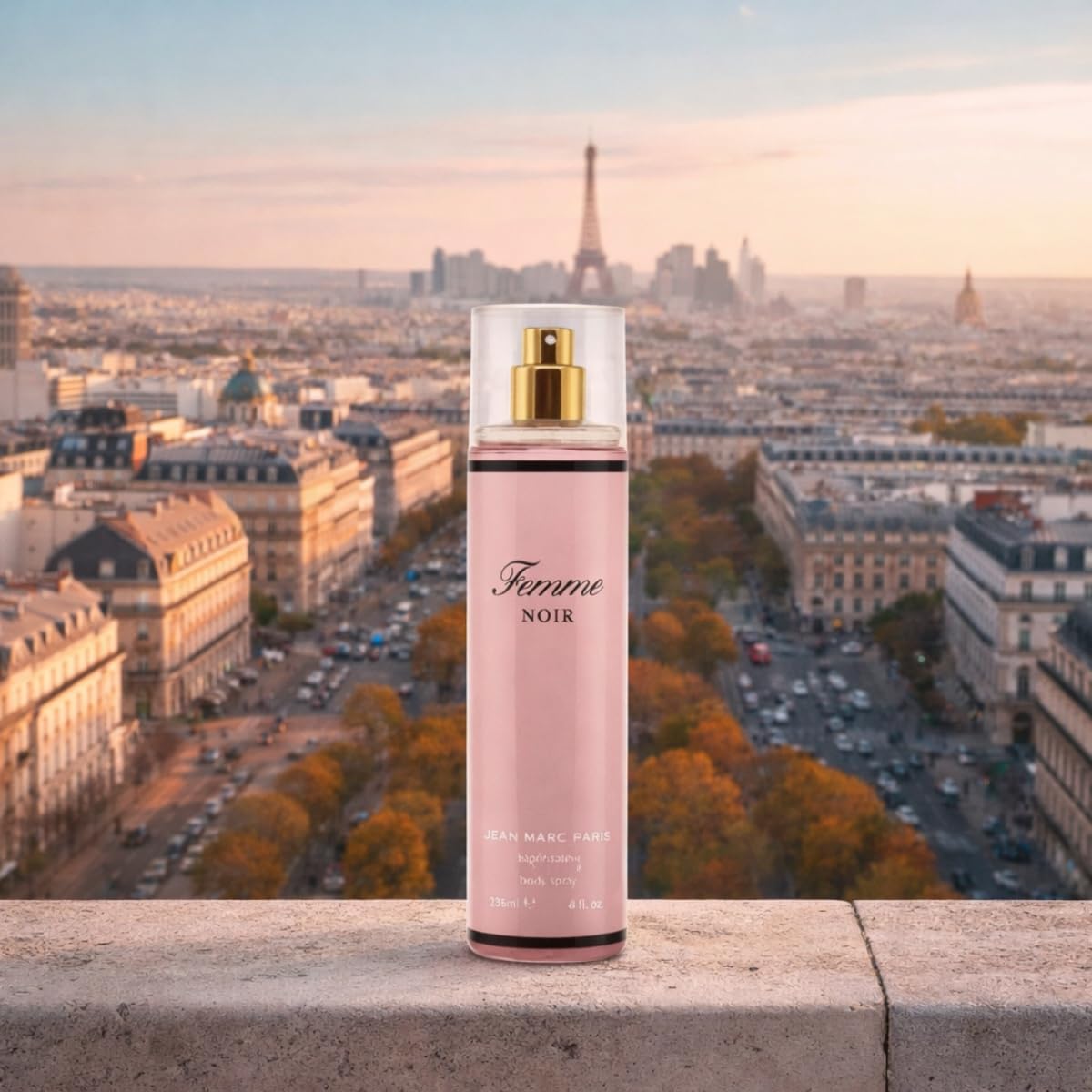 Jean Marc Paris Femme Noir vanity shot highlighting elegant bottle on display