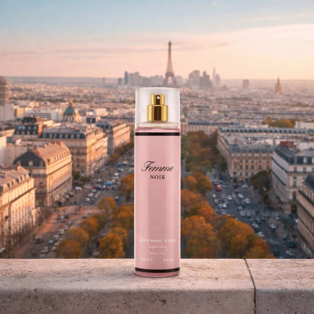 Jean Marc Paris Femme Noir vanity shot highlighting elegant bottle on display