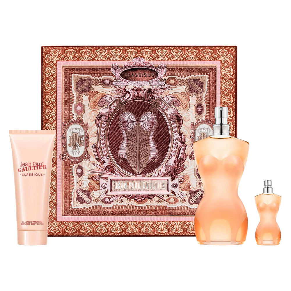 Jean Paul Gaultier Classique bottle front view, iconic floral-amber fragrance for everyday wear