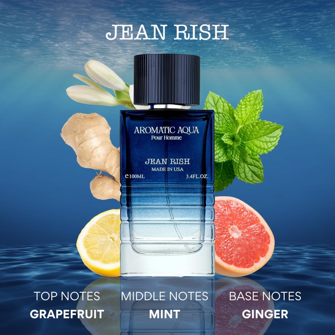 Jean Rish Aromatic Aqua Pour Homme bottle closeup showing crisp citrus and spice notes