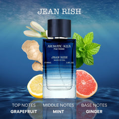 Jean Rish Aromatic Aqua Pour Homme bottle closeup showing crisp citrus and spice notes
