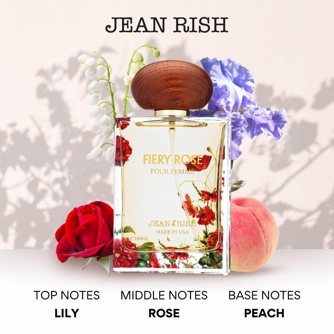 Jean Rish Fiery Rose EDP cap close showing sleek packaging.