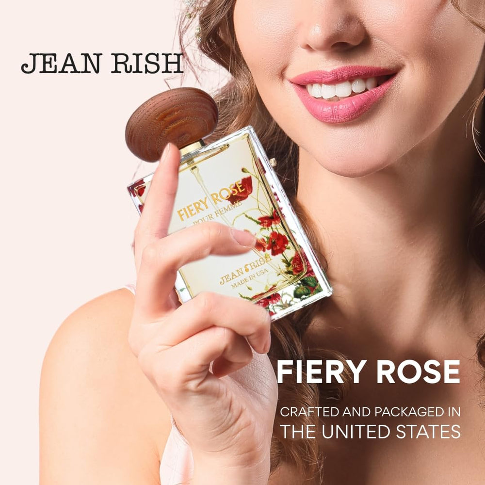 Heart notes of Rose Apricot Peach in Fiery Rose perfume by Jean Rish.