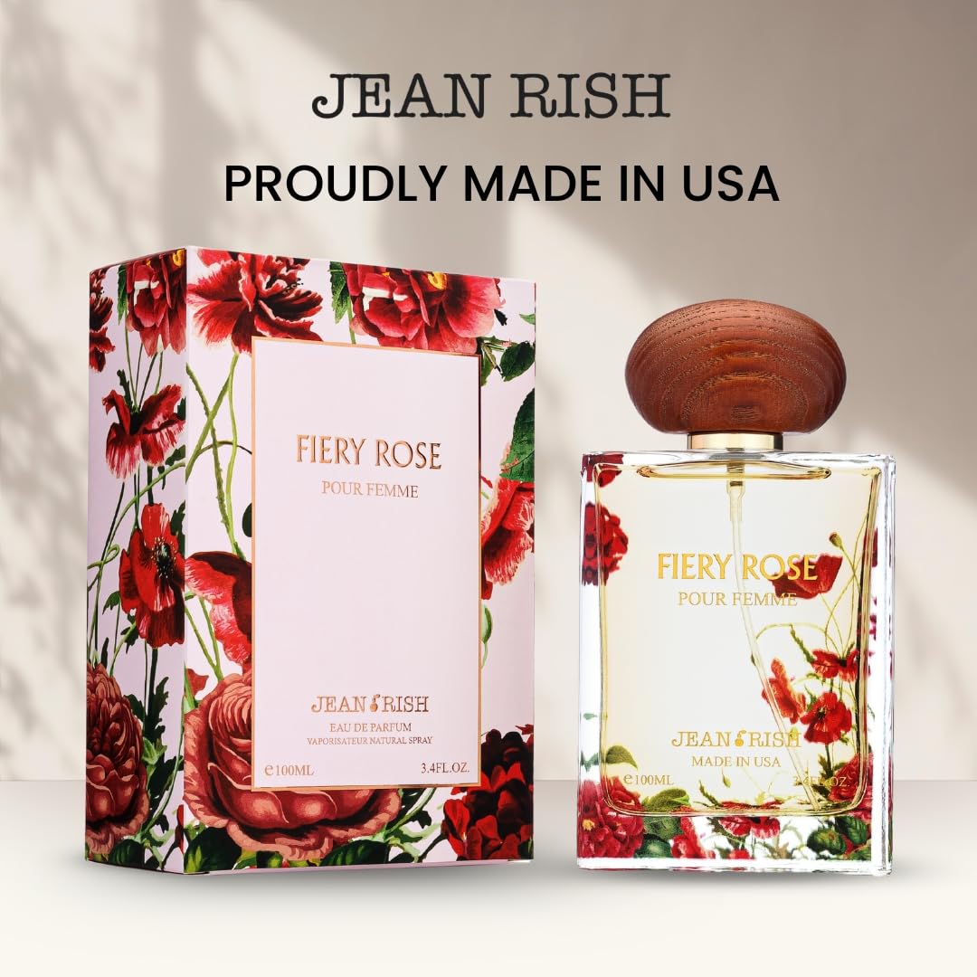 Packaging detail of Jean Rish Fiery Rose highlighting USA-made craftsmanship.