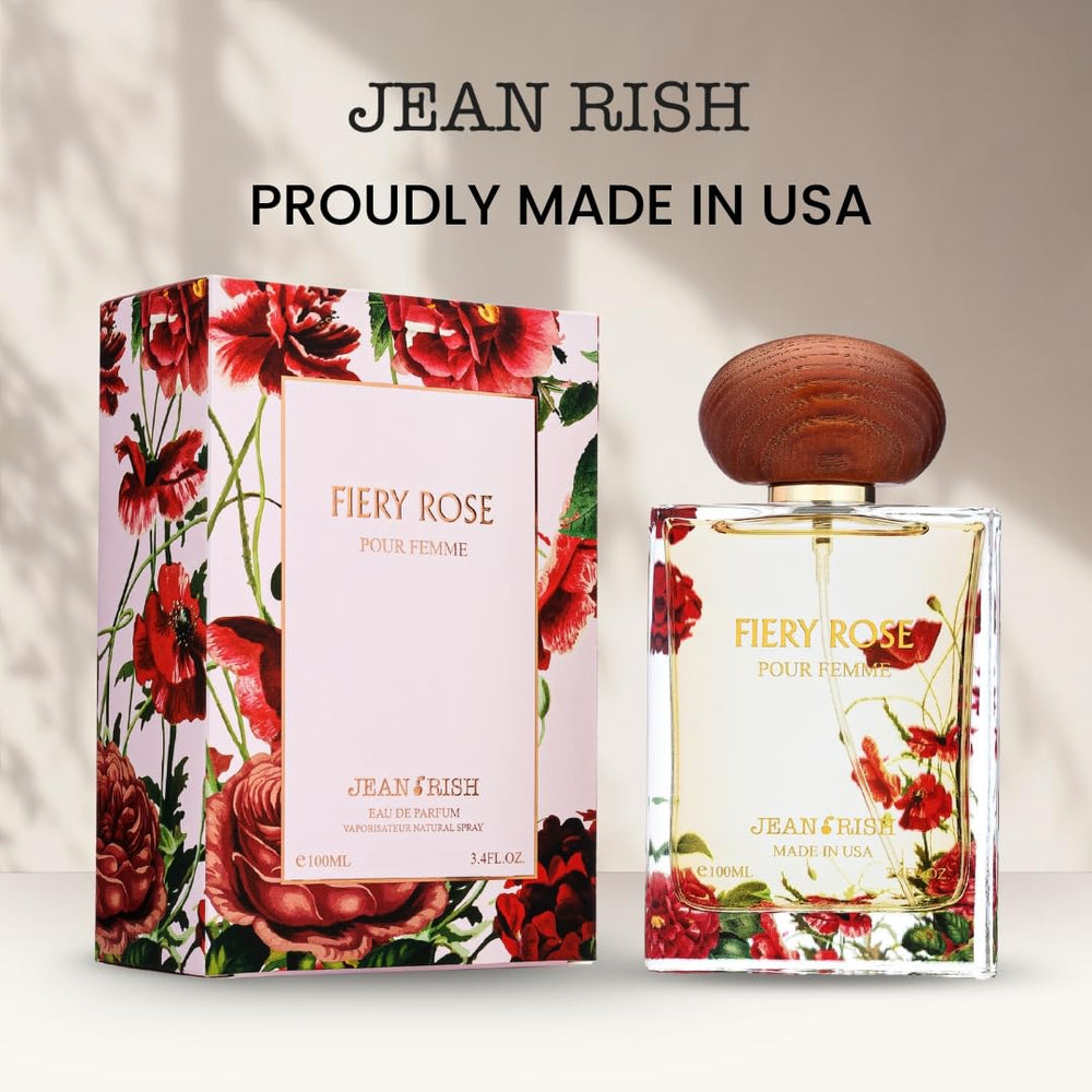 Packaging detail of Jean Rish Fiery Rose highlighting USA-made craftsmanship.