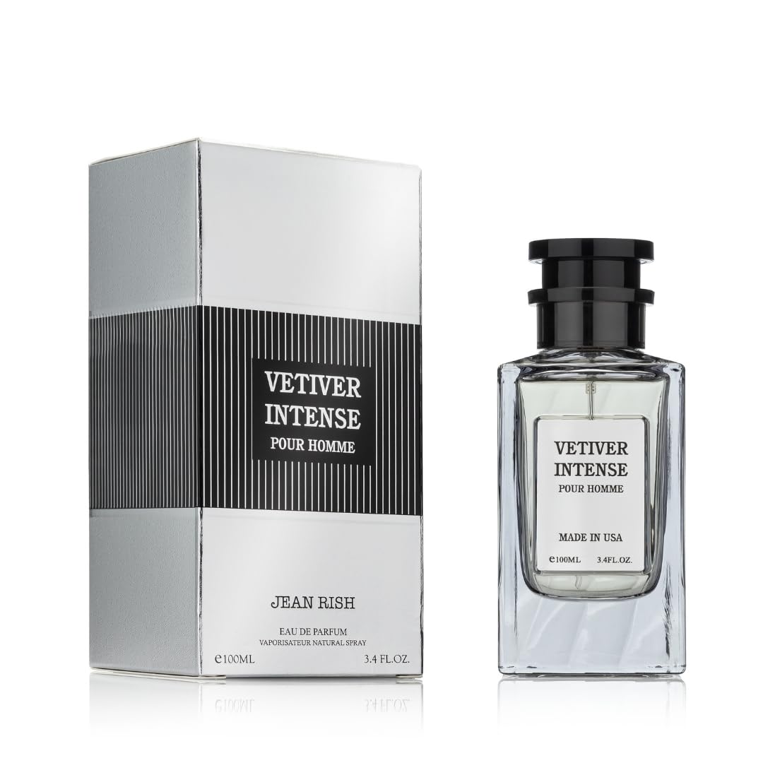 Jean Rish Vetiver Intense bottle front view, premium masculine fragrance