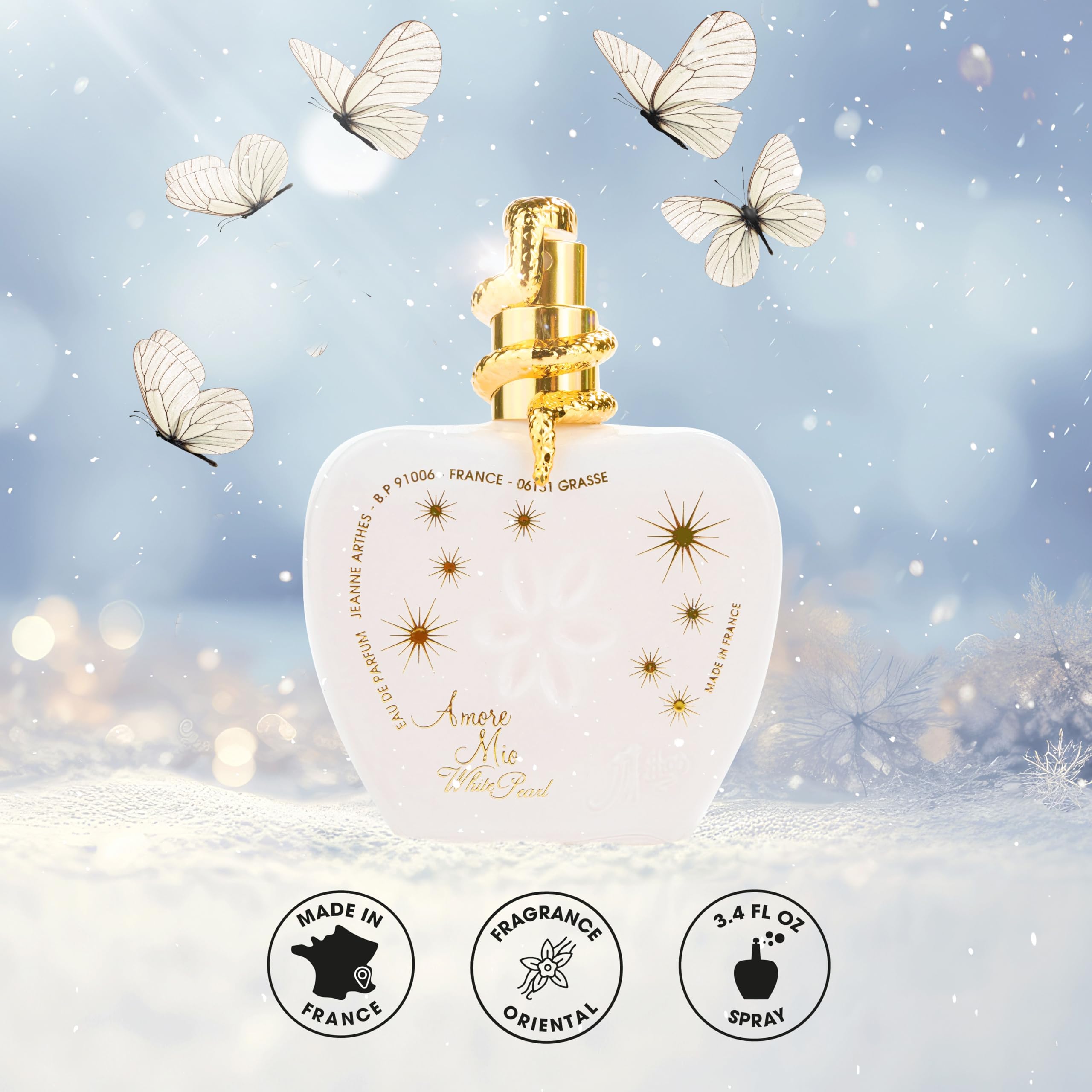 Jeanne Arthes Amore Mio label close-up emphasizes branding and high-quality finish.