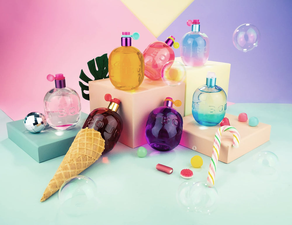 Jeanne Arthes Boum Rainbow bottle stands out on shelf.