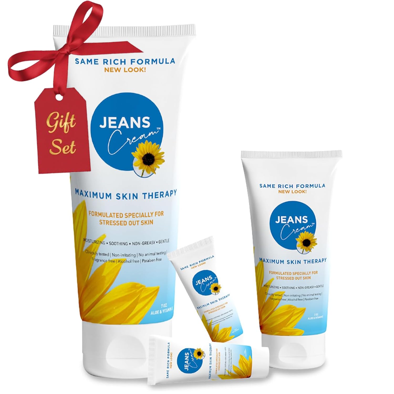 Jeans Cream gift set box packaging for on-the-go skin care relief.