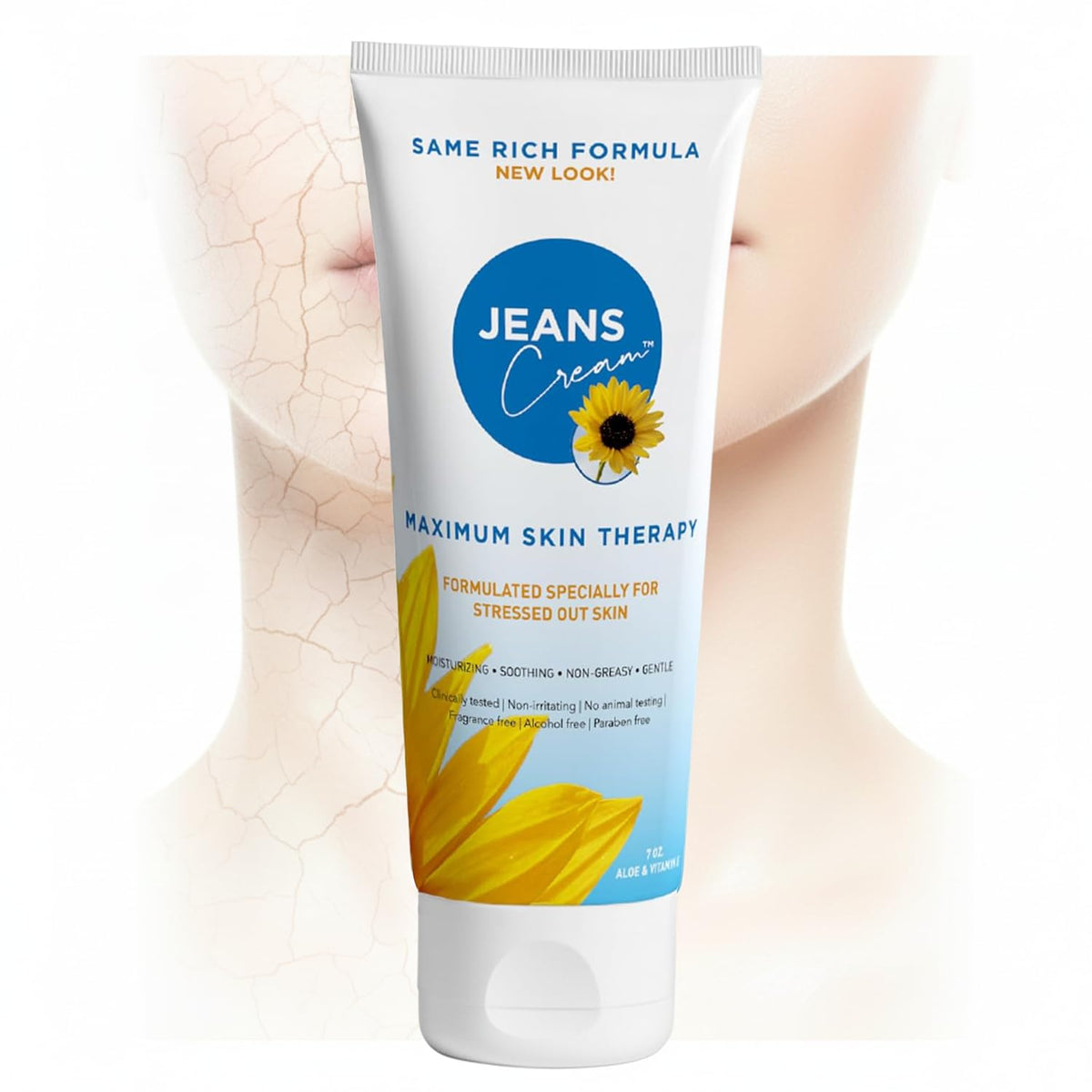 Jeans Cream radiation burn cream bottle delivering cooling relief for sensitive skin.
