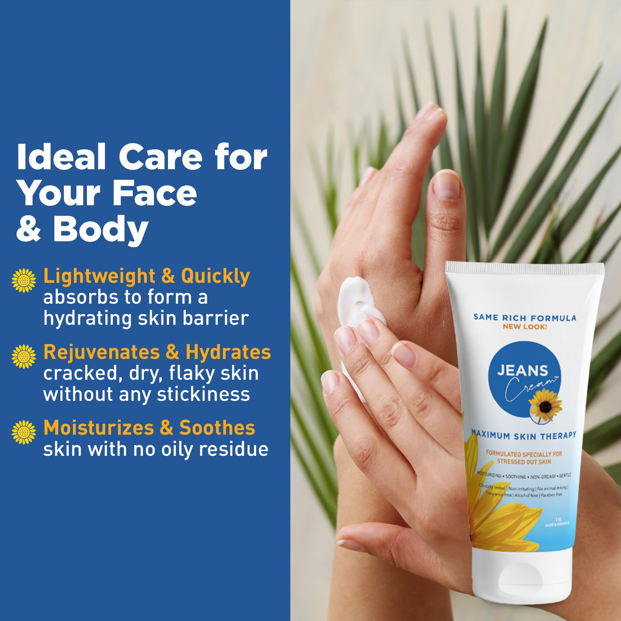 Jeans Cream therapy jar side view highlighting compact 2oz packaging for on-the-go relief.