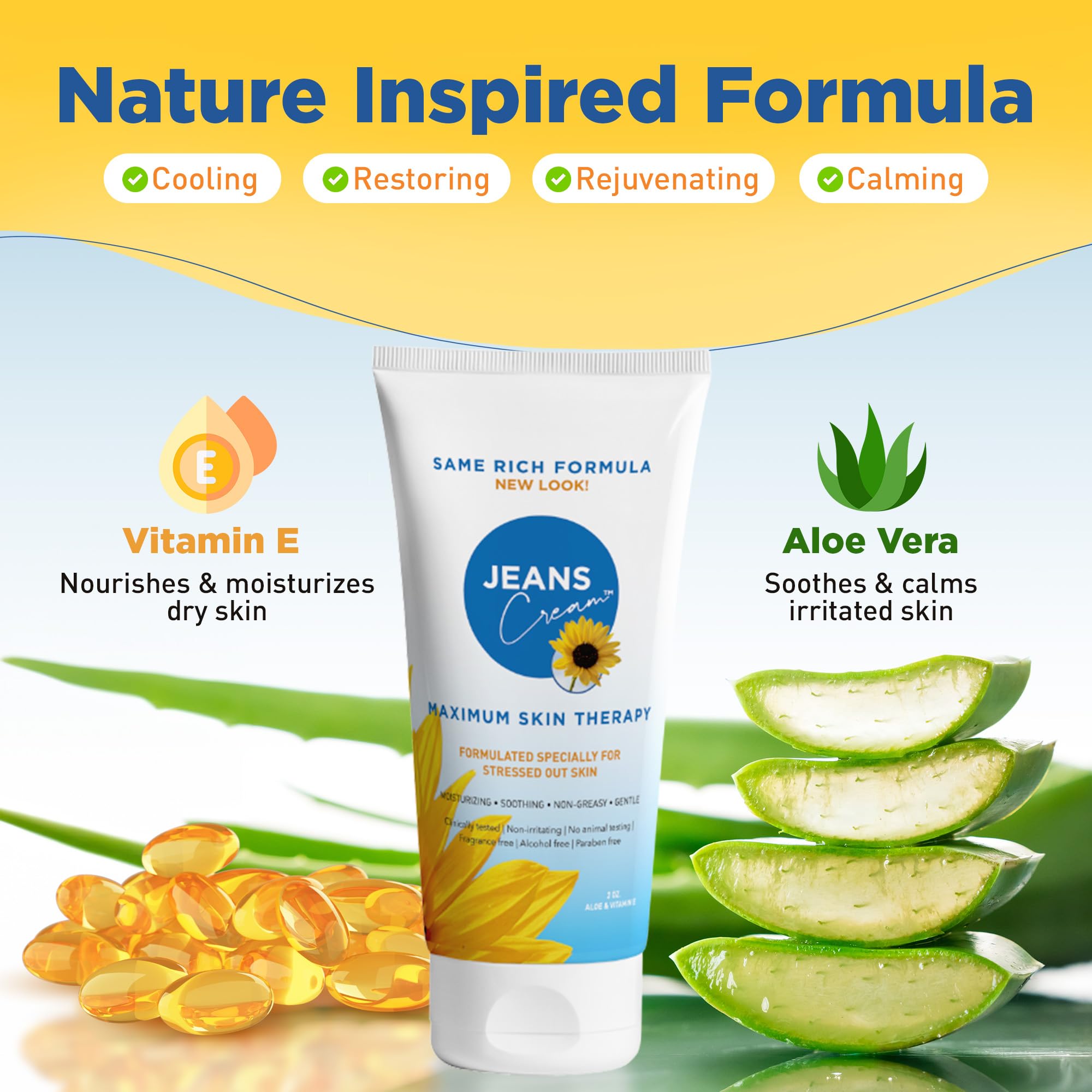 Jeans Cream maximum skin therapy cream label closeup emphasizes gentle, nourishing ingredients.