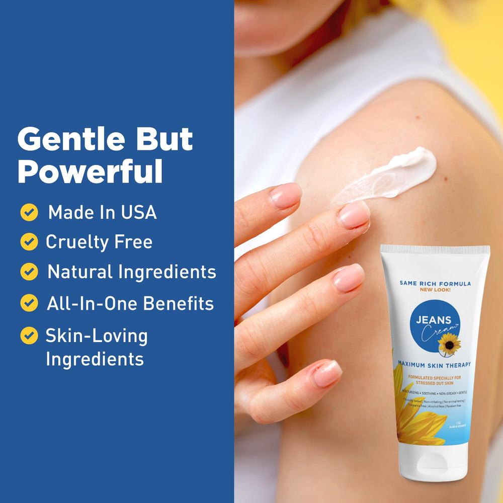 Jeans Cream packaging with USA-made label signals quality and safety.