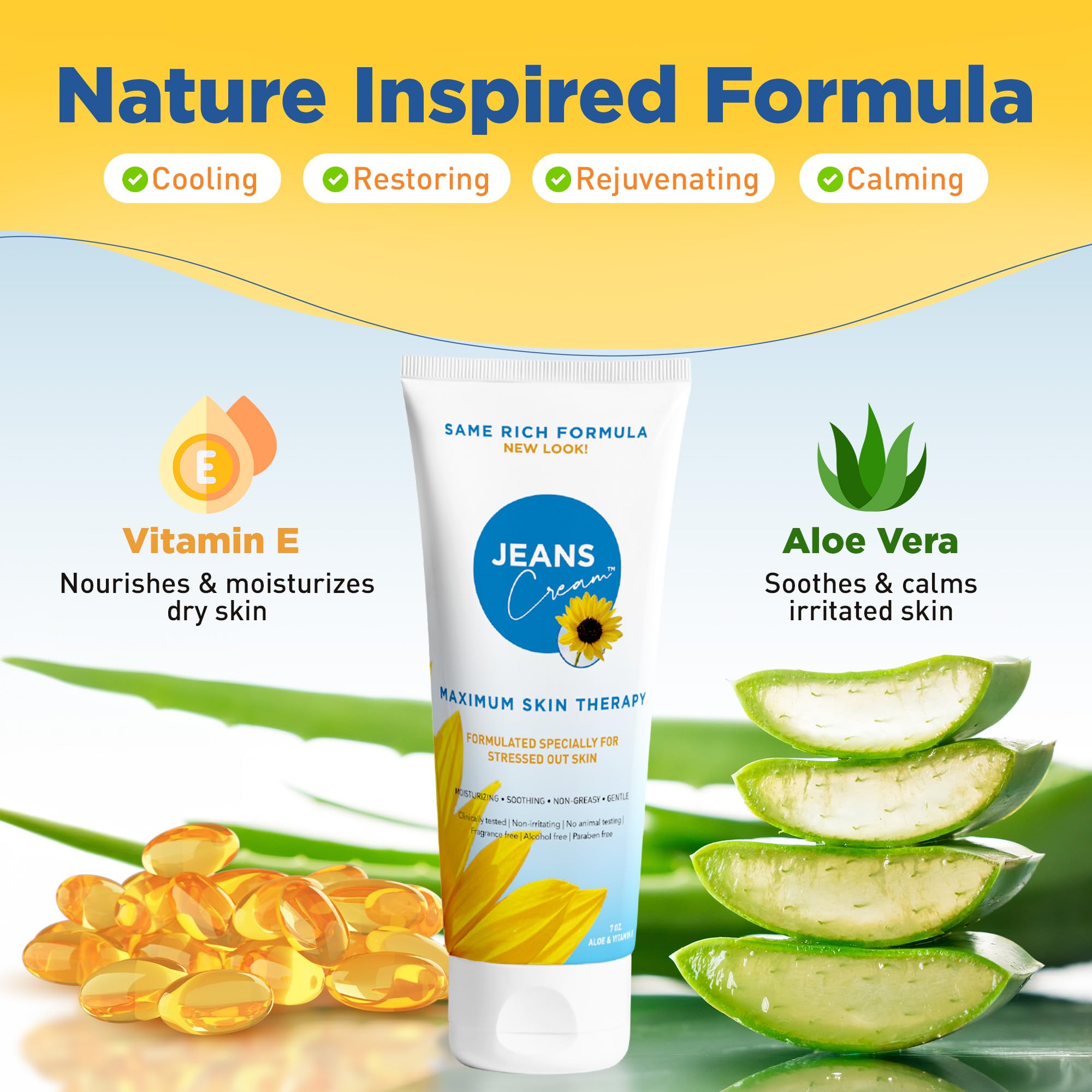 Jeans Cream packaging close-up highlighting non-greasy formula for fast absorption.