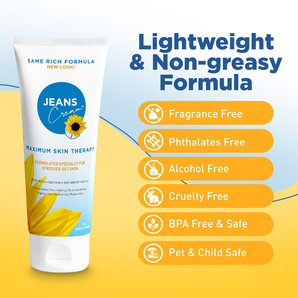 Jeans Cream infused with aloe vera and vitamin E for sunburn relief.