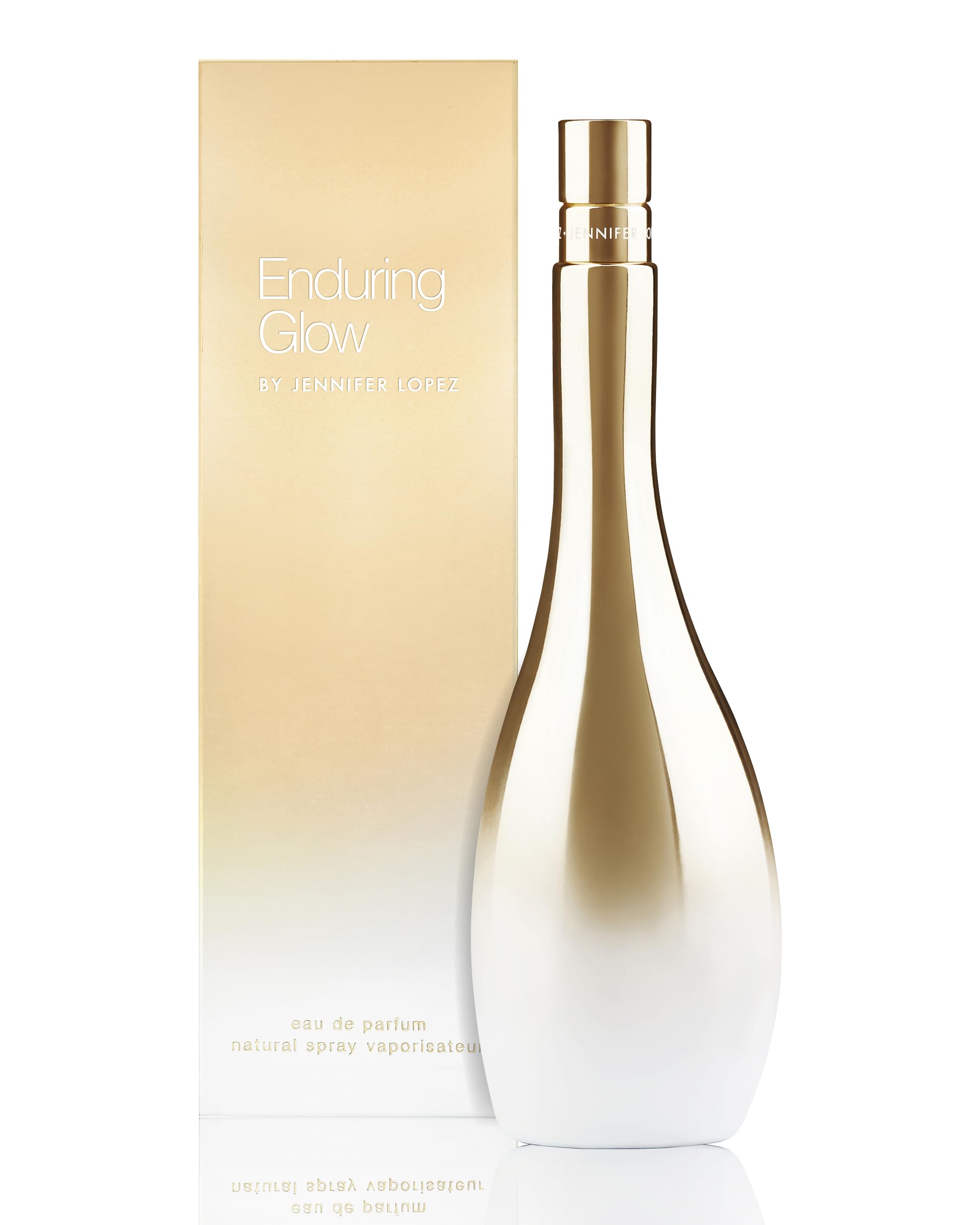 Jennifer Lopez Enduring Glow bottle back view showcases premium gold metalized design.