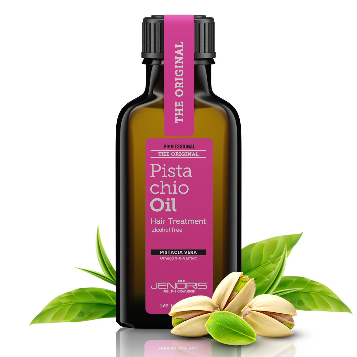 Jenoris Pistachio Oil Serum bottle ready for nourishing dry hair at home.