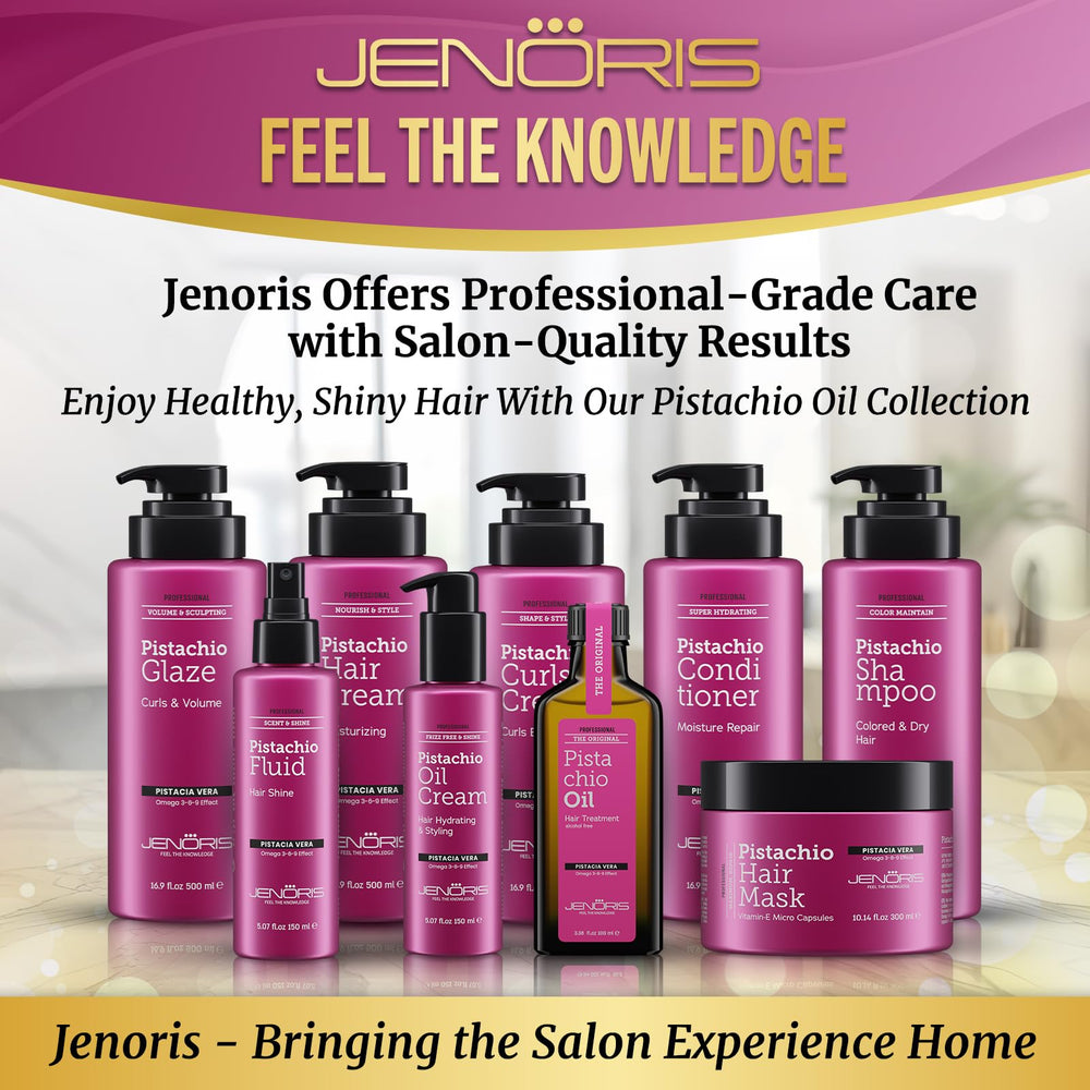 Jenoris Pistachio Oil Serum adds soft, glossy shine.