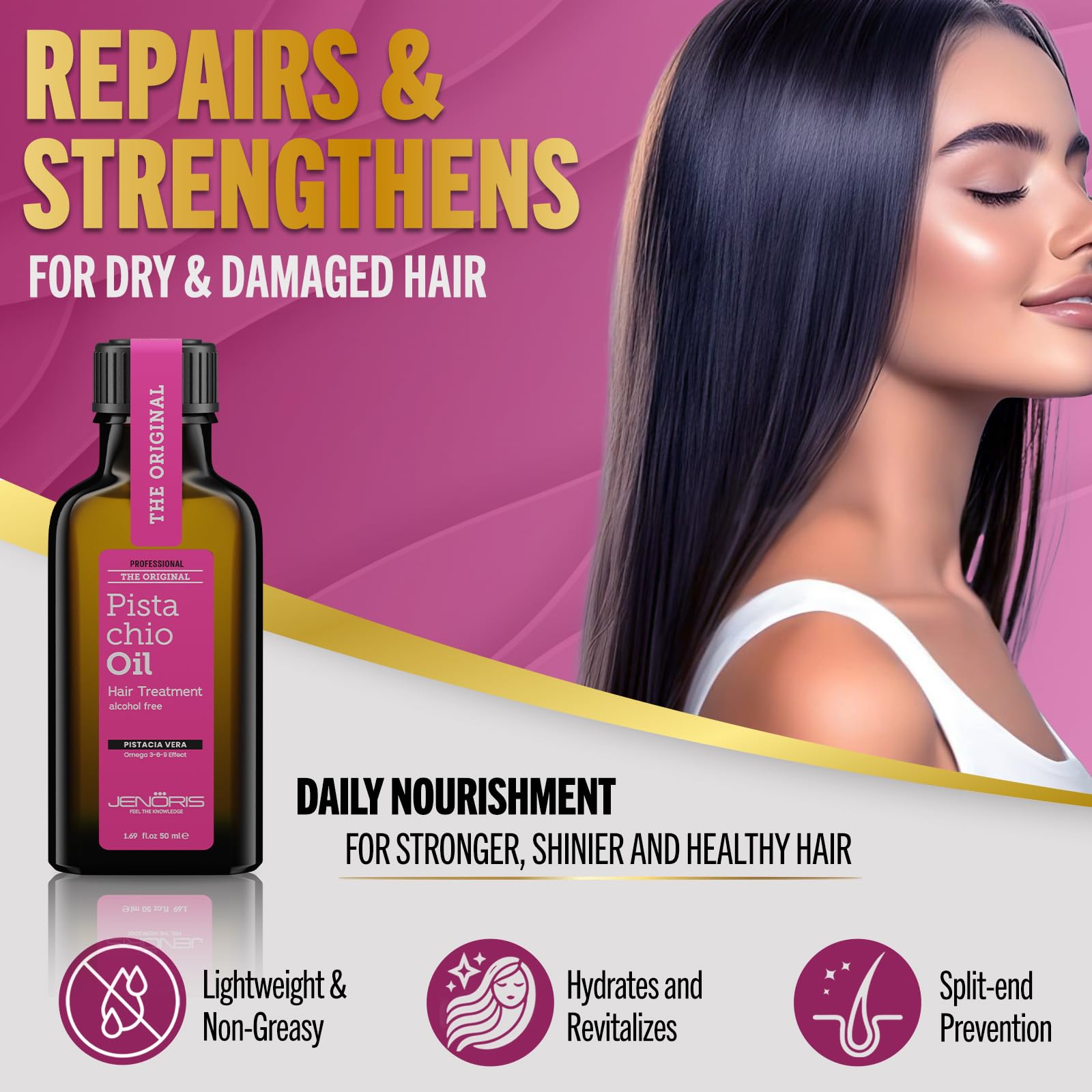 Jenoris Pistachio Oil Serum delivers a glossy, salon-like finish.