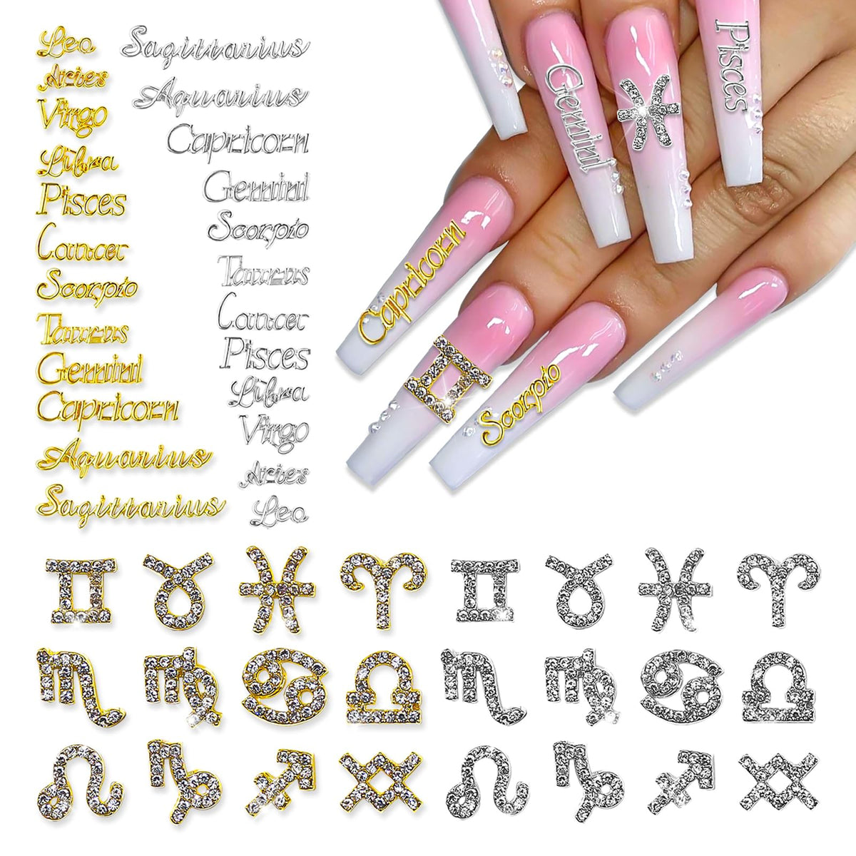 JERCLITY zodiac nail charms pack close-up showing gold and silver tones for versatile nail art