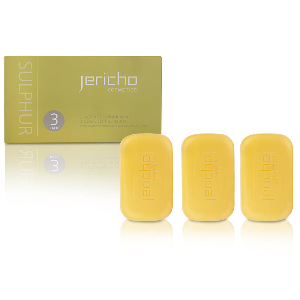 Jericho Dead Sea sulfur soap with olive oil bar on vanity showing balanced cleansing for oily skin