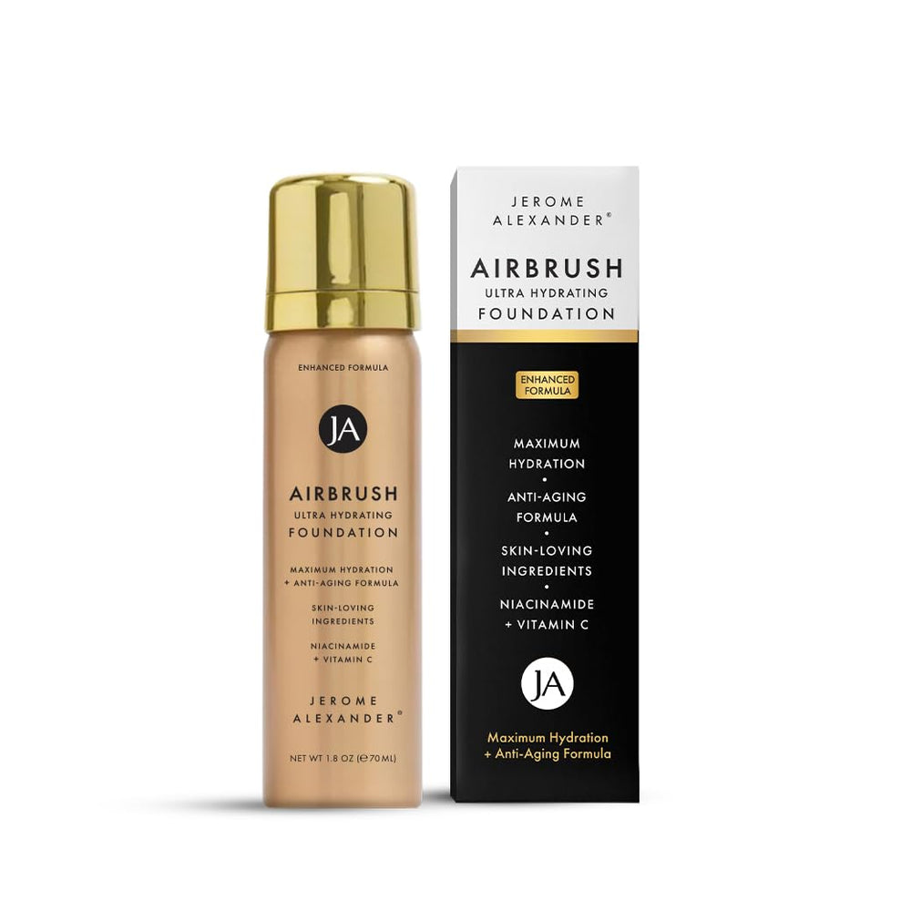 Jerome Alexander Airbrush Foundation bottle shows ultra-hydrating formula for all-day wear.